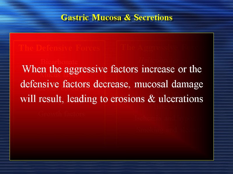 Gastric Mucosa & Secretions The Defensive Forces Bicarbonate Mucus layer   Mucosal blood